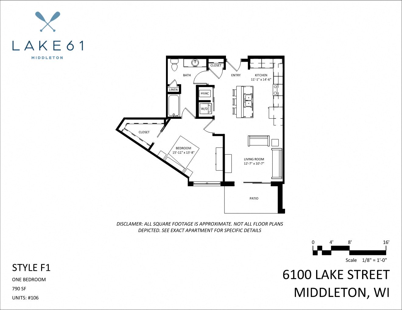 Floor plan for 1 bed, 1 bath, 790 sqft